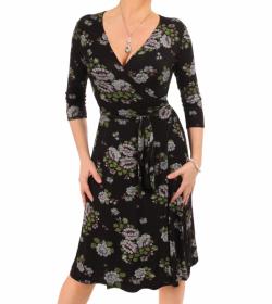 Black and Green Floral Print Wrap Dress