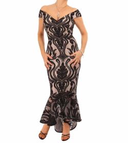 Black and Nude Fishtail Bardot Dress