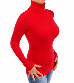 Red Ribbed Polo Neck Clingy Jumper