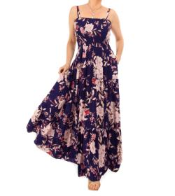Navy Blue and Pink Floral Strappy Maxi Dress