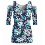 Navy and Turquoise Floral Cold Shoulder Top