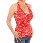 Red and White Print Halter Neck Top