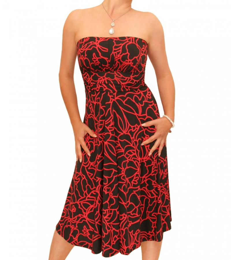 Red and Black Print Strapless Dress