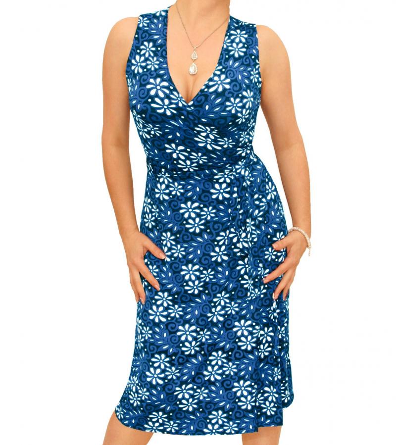 Blue Floral Print Sleeveless Wrap Dress