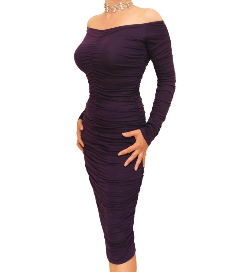 Home Â» Dresses Â» Purple Off the Shoulder Ruched Dress