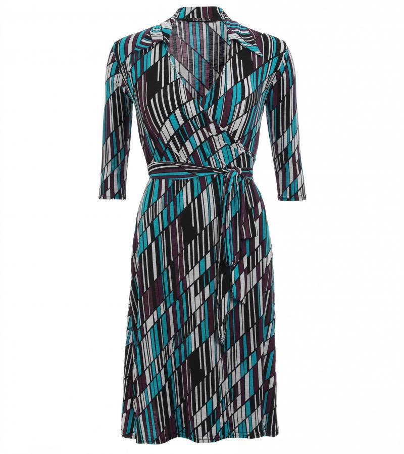 Home Â» Dresses Â» Teal and Purple Printed Collared Wrap Dress