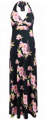 6308b Black and Pink Floral Halter Maxi Dress Ghost