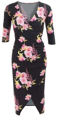 6317c Black and Pink Floral Mock Wrap Dress Ghost
