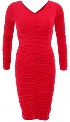 6032c Red Ruched V Neck Long Sleeve Dress Ghost