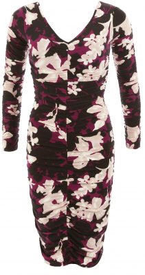 6213c Plum Floral Print Ruched V Neck Dress Ghost