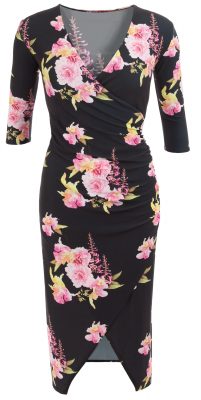 6317c Black and Pink Floral Mock Wrap Dress Ghost