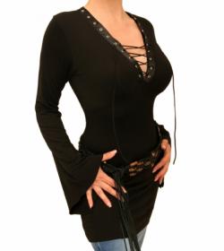 Black Lace up Bell Sleeved Tunic Top