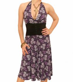 Purple Floral Print Corset Style Halter Dress