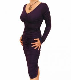 Purple Ruched V Neck Dress