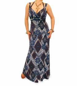 Navy Blue and Mocha Ethnic Print Maxi Dress