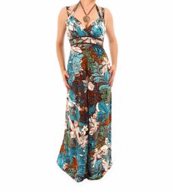 Turquoise and Brown Print Maxi Dress