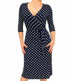 Navy Blue and Ivory Spotted Wrap Dress