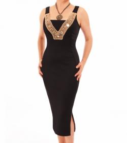 Black Coin Trim Midi Dress