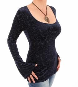 Navy Blue Velour Burn Out Bell Sleeve Top