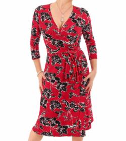 Red and Black Textured Floral Wrap Dress