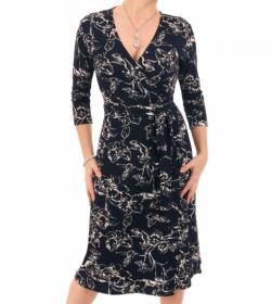 Navy Blue and White Textured Floral Wrap Dress