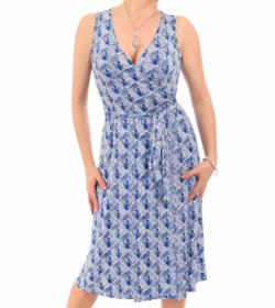 Blue and White Graphic Print Sleeveless Wrap Dress