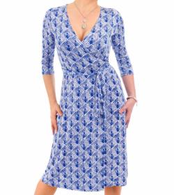 Blue and White Graphic Print Wrap Dress