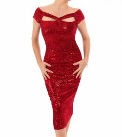 Red Velour Sequin Cut Out Cocktail Dress