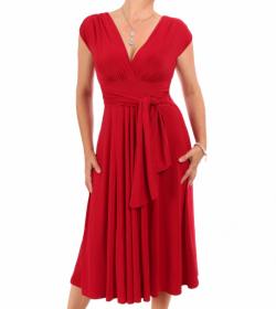 Red V Neck Fit and Flare Dress