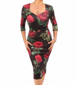 Black and Red Rose Print Midi Dress