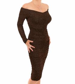 Bronze Sparkle Off the Shoulder Ruched Dress