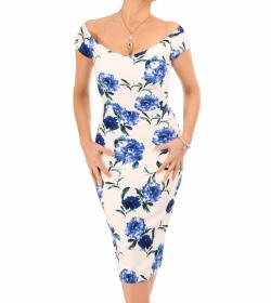 Blue and White Floral Bardot Midi Dress