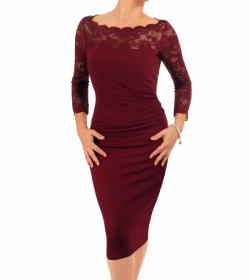 Wine Lace Detail Ruched Dress
