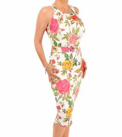 White Floral Sleeveless Pencil Dress