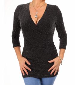 Black and Silver Sparkly Lurex Mock Wrap Top