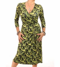 Green Retro Print Wrap Dress