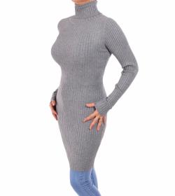 Grey Ribbed Polo Neck Long Jumper