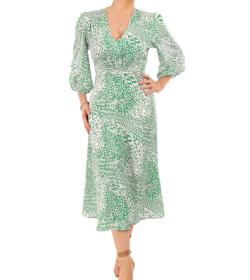 Green Print Puffed Sleeve Midi Dress