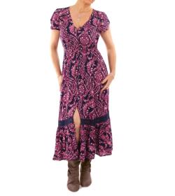 Pink and Navy Blue Paisley Button Through Midi Dress