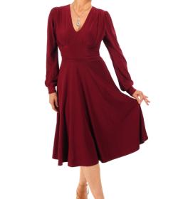 Wine V Neck Fit and Flare Long Sleeve Dress