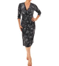 Black and Grey Graphic Print Mock Wrap Dress