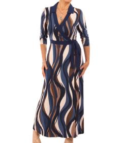 Navy Blue and Mocha Tie Waist Midi Dress