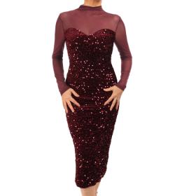 Wine Velvet Sequin and Mesh Midi Dress