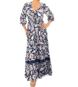 Boho Navy and White Floral Button Up Maxi Dress
