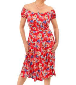 Red Print off the Shoulder Fit & Flare Dress