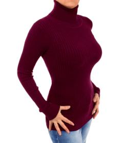 Burgundy Ribbed Polo Neck Clingy Jumper