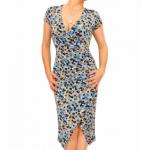 Blue Spotty Print Ruched Mock Wrap Dress