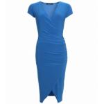 Blue Ruched Mock Wrap Dress