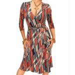 Orange and Navy Blue Printed Collared Wrap Dress