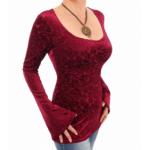 Dark Red Velour Burn Out Bell Sleeve Top